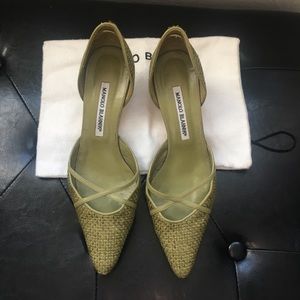 Manolo Blahnik green tweed kitten heals